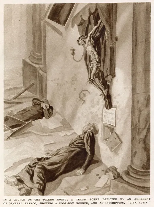 Framed Print : A scene in a church, with the priests dead and the poor-box robbed, during the Spanish Civil War. On the wall, a hammer and sickle motif and the legend Viva Russia has been painted Framed Print : A scene in a church, with the priests dead and the poor-box robbed, during the Spanish Civil War. On the wall, a hammer and sickle motif and the legend Viva Russia has been painted