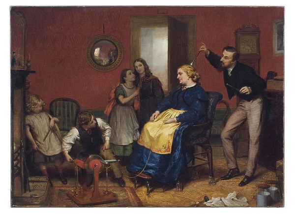 Scene in a domestic interior with children watching as a wom