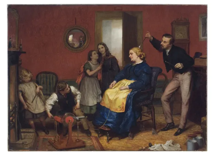 Framed Print : Scene in a domestic interior with children watching as a wom Framed Print : Scene in a domestic interior with children watching as a wom
