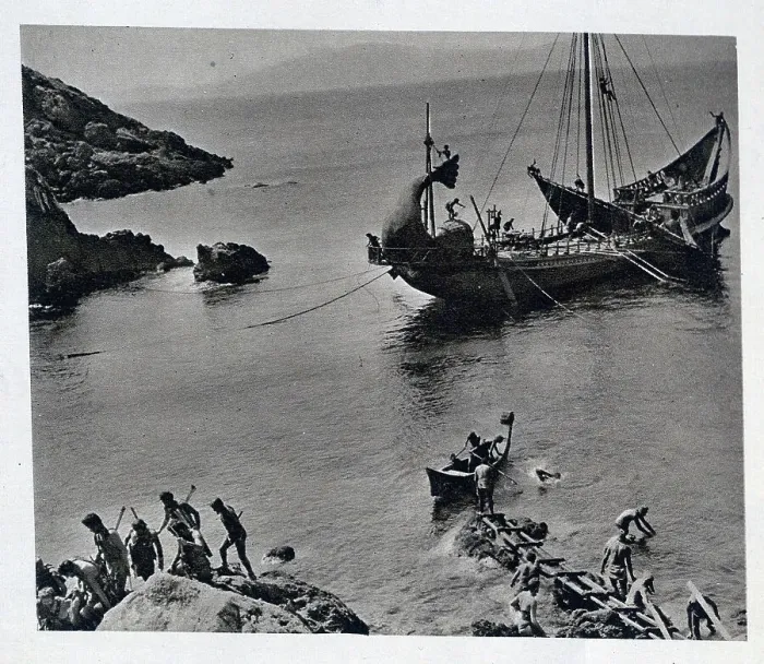 Framed Print : A scene from the film Ulysses, directed by Mario Camerini and starring Kirk Douglas in the title role. Here, Ulysses and his crew are disembarking on the island of the Cyclops Polythemus. Date: circa 1953 Framed Print : A scene from the film Ulysses, directed by Mario Camerini and starring Kirk Douglas in the title role. Here, Ulysses and his crew are disembarking on the island of the Cyclops Polythemus. Date: circa 1953