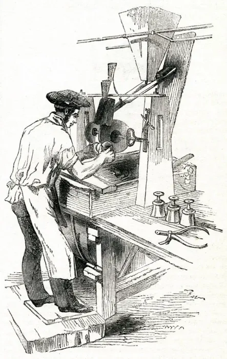 Framed Print : Scene in a Flint Glass Factory, glass cutter at work 1841 Framed Print : Scene in a Flint Glass Factory, glass cutter at work 1841