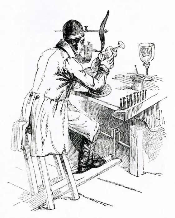 Framed Print : Scene in a Flint Glass Factory, glass engraver at work Framed Print : Scene in a Flint Glass Factory, glass engraver at work
