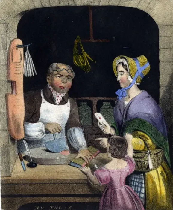 Framed Print : Scene in a grocers shop -- No Trust Framed Print : Scene in a grocers shop -- No Trust