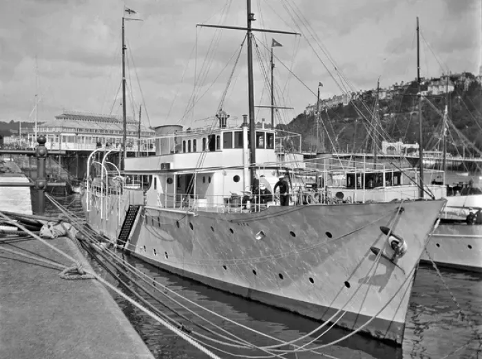 Framed Print : Scene in a harbour with steamship in foreground Framed Print : Scene in a harbour with steamship in foreground
