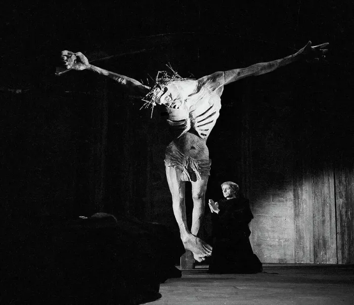Framed Print : Scene from the John Osborne play, Luther at the Royal Court Theatre with the crucifixion figure designed by Jocelyn Herbert, the theatre designer who had a long association with productions at the Royal Court. Date: 1961 Framed Print : Scene from the John Osborne play, Luther at the Royal Court Theatre with the crucifixion figure designed by Jocelyn Herbert, the theatre designer who had a long association with productions at the Royal Court. Date: 1961
