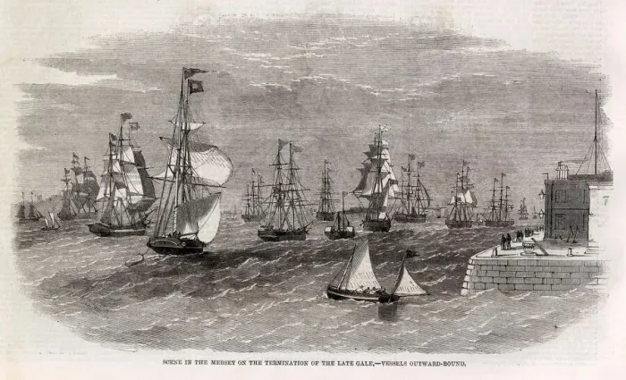 Framed Print : A scene in the Mersey on the termination of the late gale showing vessels outward bound Framed Print : A scene in the Mersey on the termination of the late gale showing vessels outward bound