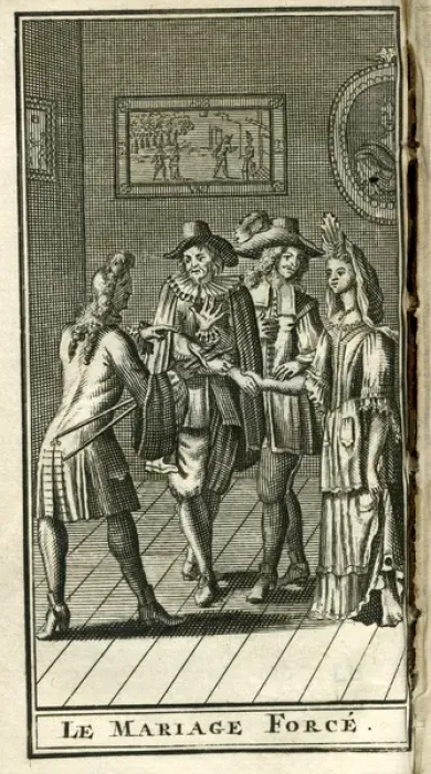 Framed Print : Scene from Molieres play, Le Mariage Force Framed Print : Scene from Molieres play, Le Mariage Force