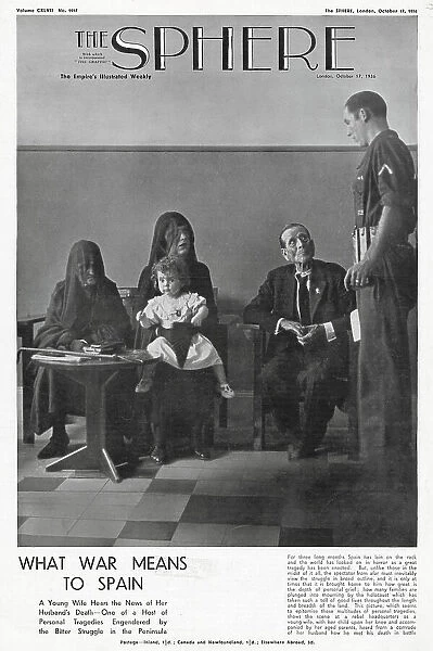 The scene at a Nationalist headquarters as a young widow (centre, with child) hears about her husband's death in action, from one of his former comrades, during the Spanish Civil War, 1936. The widow is seen flanked by her parents. Date: 1936