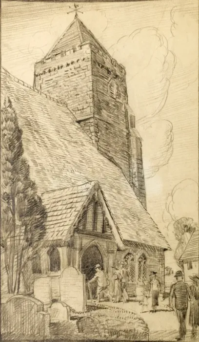 Framed Print : Scene outside a country church Framed Print : Scene outside a country church