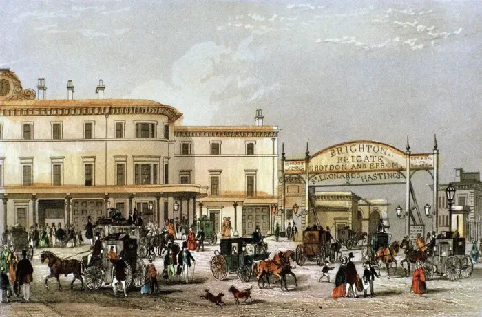 Framed Print : Scene outside a London railway station Framed Print : Scene outside a London railway station
