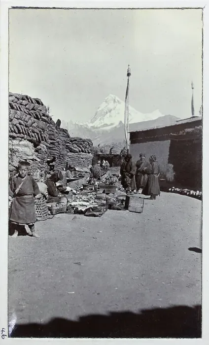 Framed Print : Scene at Phari bazaar, in Yadong County, on the Tibet border, with Mount Jomolhari or Chomolhari (2400 feet) in the distance, from a fascinating album which reveals new details on a little-known campaign in which a British military force brushed