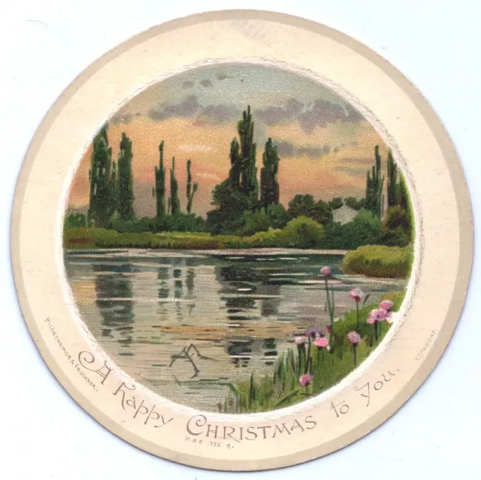 Framed Print : Scene on a river on a circular Christmas card Framed Print : Scene on a river on a circular Christmas card