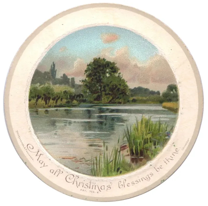 Framed Print : Scene on a river on a circular Christmas card Framed Print : Scene on a river on a circular Christmas card