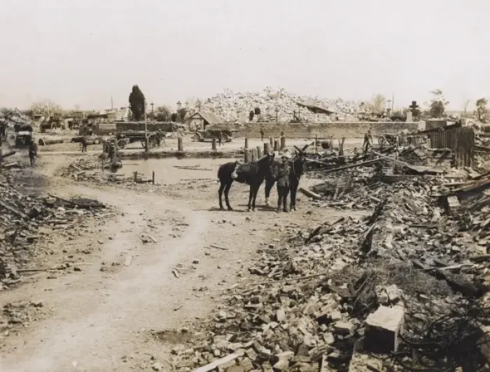 Framed Print : Scene in a ruined village, Western Front, WW1 Framed Print : Scene in a ruined village, Western Front, WW1