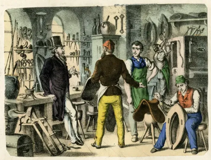 Framed Print : Scene in a saddlery workshop Framed Print : Scene in a saddlery workshop