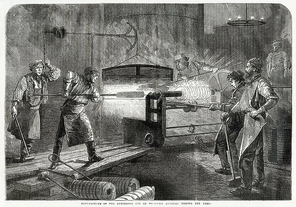 Scene in Woolwich Arsenal, London showing an armstrong gun being made. This gun was introduced into the British Army in 1859 and was one of the first practical breech loading field guns of the modern era