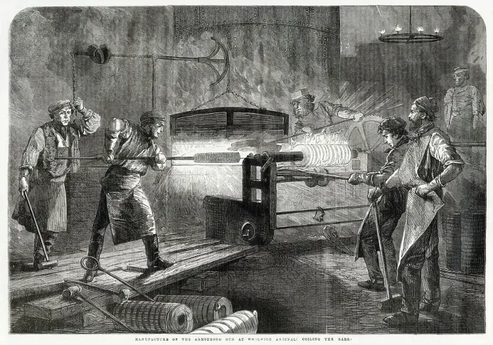 Framed Print : Scene in Woolwich Arsenal, London showing an armstrong gun being made. This gun was introduced into the British Army in 1859 and was one of the first practical breech loading field guns of the modern era Framed Print : Scene in Woolwich Arsenal, London showing an armstrong gun being made. This gun was introduced into the British Army in 1859 and was one of the first practical breech loading field guns of the modern era