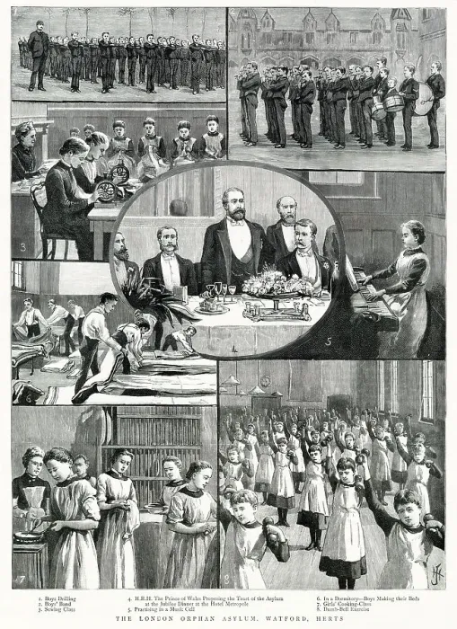 Framed Print : These are scenes from the London Orphan Asylum in Watford. 1) boys doing drill 2) the boys band 3) sewing class 4) the Prince of Wales proposing the toast of the asylum at the Jubilee Dinner at the Hotel Metropole 5 Framed Print : These are scenes from the London Orphan Asylum in Watford. 1) boys doing drill 2) the boys band 3) sewing class 4) the Prince of Wales proposing the toast of the asylum at the Jubilee Dinner at the Hotel Metropole 5