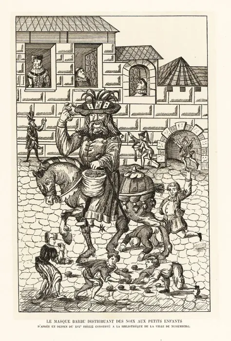 Framed Print : Schembart or maskbeard distributing nuts to children, 16th centu Framed Print : Schembart or maskbeard distributing nuts to children, 16th centu