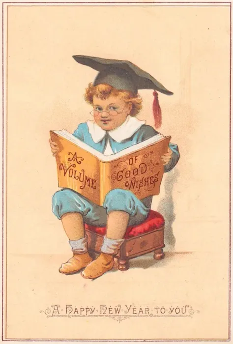Framed Print : Schoolboy with book on a New Year card Framed Print : Schoolboy with book on a New Year card