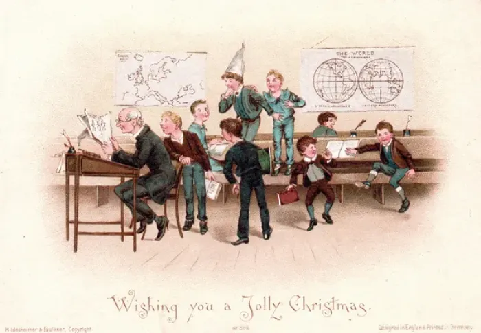 Framed Print : Schoolboys and teacher on a Christmas card Framed Print : Schoolboys and teacher on a Christmas card