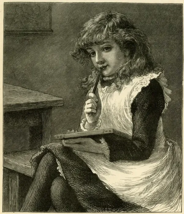 Framed Print : Schoolgirl wondering what to write on her slate Framed Print : Schoolgirl wondering what to write on her slate