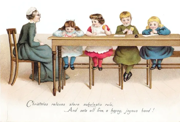 Framed Print : Schoolgirls and teacher on a Christmas card Framed Print : Schoolgirls and teacher on a Christmas card