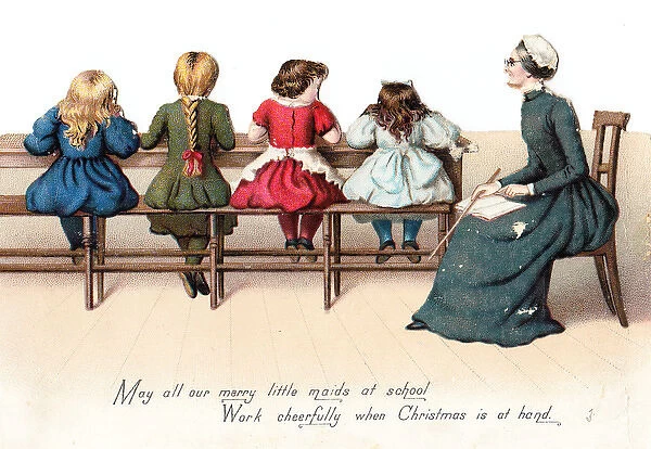 Schoolgirls and teacher on a Christmas card