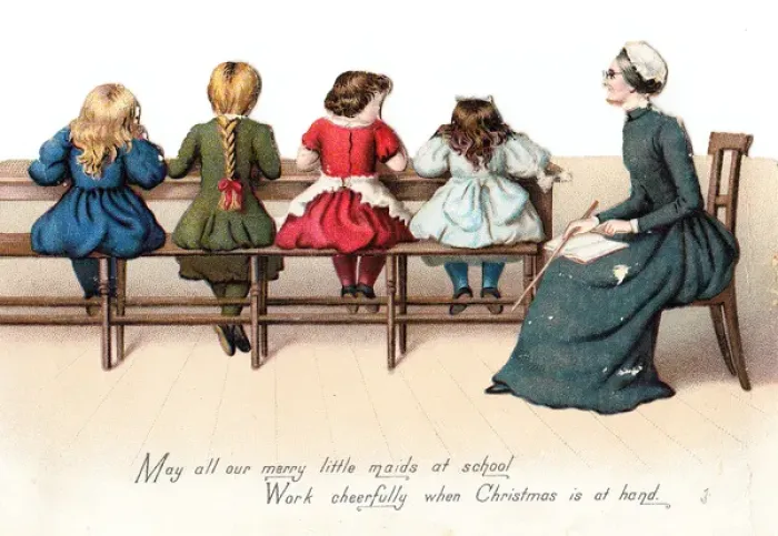 Framed Print : Schoolgirls and teacher on a Christmas card Framed Print : Schoolgirls and teacher on a Christmas card