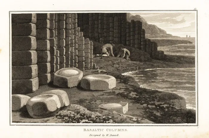 Framed Print : Scientists investigating basalt columns, Staffa, Scotland Framed Print : Scientists investigating basalt columns, Staffa, Scotland