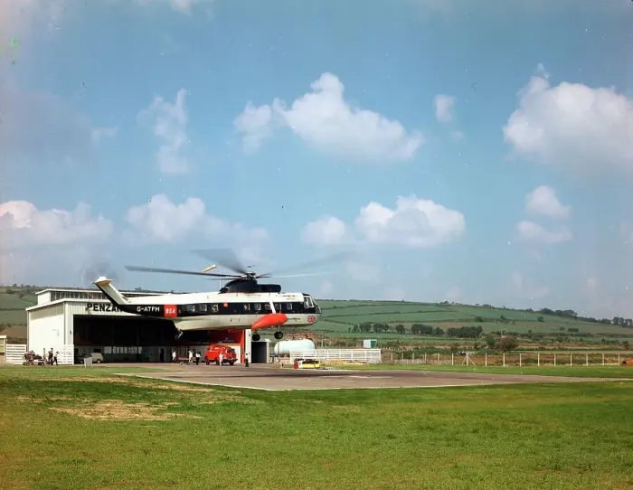 Framed Print : Scilly Isles helicopter at Penzance airport, Penzance Framed Print : Scilly Isles helicopter at Penzance airport, Penzance