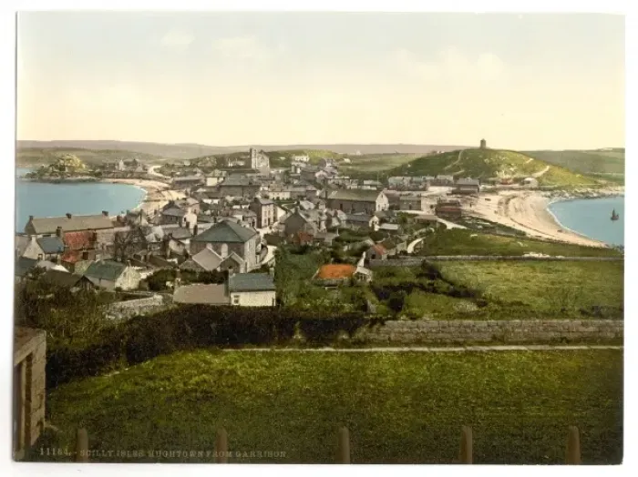 Framed Print : Scilly Isles, Hughtown, i. e. Hugh Town, from Garrison, Corn Framed Print : Scilly Isles, Hughtown, i. e. Hugh Town, from Garrison, Corn