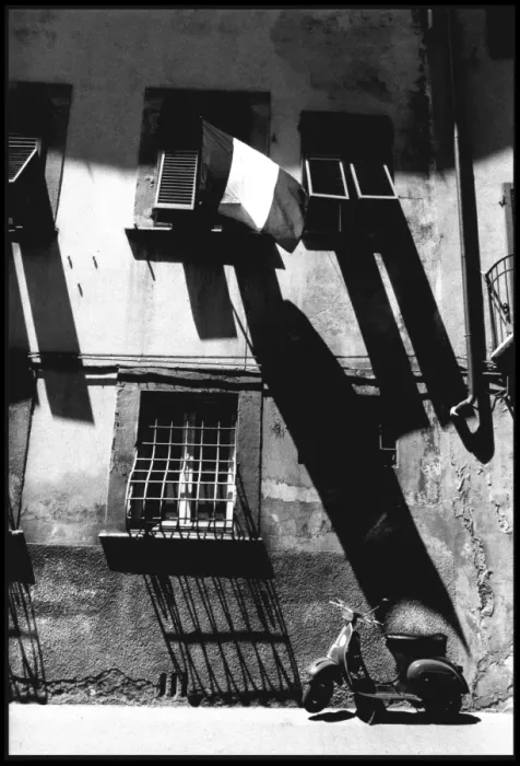Framed Print : Scooter and flag - shadows, Pisa, Italy Framed Print : Scooter and flag - shadows, Pisa, Italy
