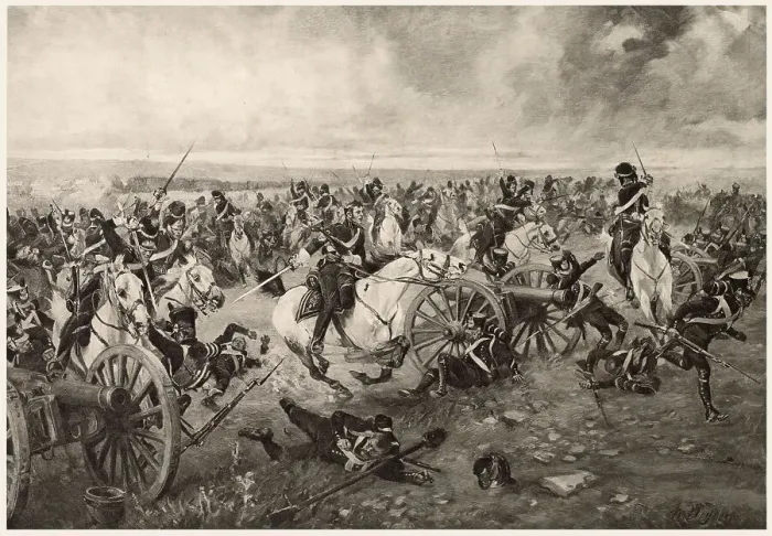 Framed Print : The Scots Greys under Ponsonby charge, two batteries of French artillery after having taken the colours of the 105th reigment. Date: 1815 Framed Print : The Scots Greys under Ponsonby charge, two batteries of French artillery after having taken the colours of the 105th reigment. Date: 1815