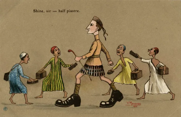 Framed Print : Scots soldier pursued by shoeshine boys Framed Print : Scots soldier pursued by shoeshine boys