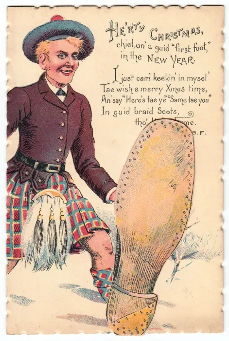 Framed Print : Scotsman with comic verse on a Christmas and New Year card Framed Print : Scotsman with comic verse on a Christmas and New Year card