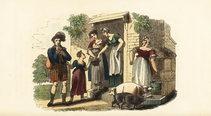 Framed Print : Scottish bagpiper playing music for maids outside a farm Framed Print : Scottish bagpiper playing music for maids outside a farm
