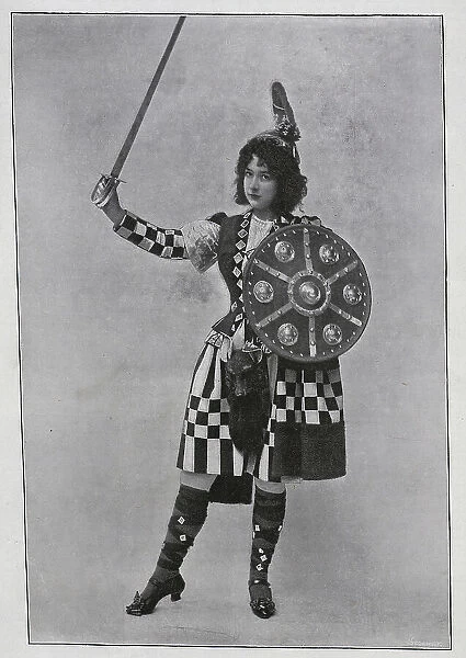 Scottish female dancer, kilt, sporran, sword, shield