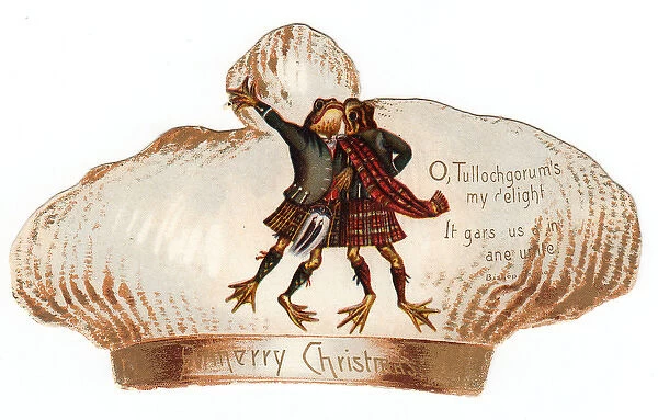 Two Scottish frogs dancing on a Christmas card