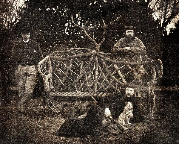 Scottish gentlemen and dogs in a garden