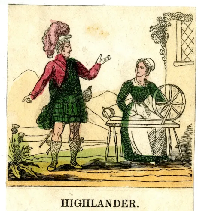 Framed Print : Scottish Highlander and woman spinning Framed Print : Scottish Highlander and woman spinning