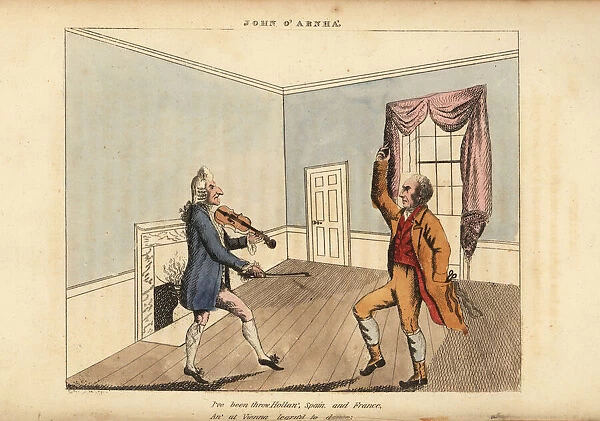 Scottish traveller dancing a jig with a violinist