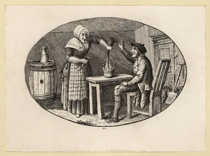 Framed Print : Scottish woman pouring a bottle of ale into a bucket for a man Framed Print : Scottish woman pouring a bottle of ale into a bucket for a man