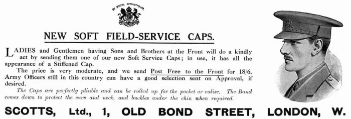 Framed Print : Scotts advert for soft field service caps, WW1 Framed Print : Scotts advert for soft field service caps, WW1