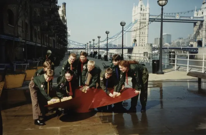 Framed Print : Scouts cleaning propeller near Tower Bridge, London Framed Print : Scouts cleaning propeller near Tower Bridge, London