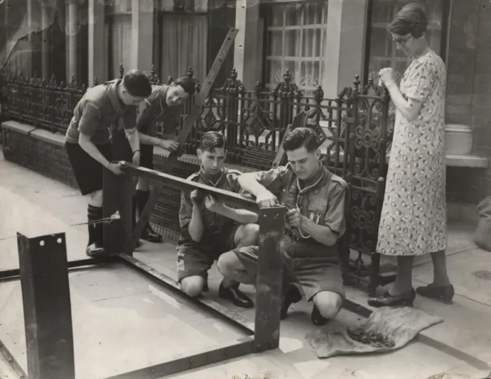 Framed Print : Scouts erecting a Morrison shelter Framed Print : Scouts erecting a Morrison shelter