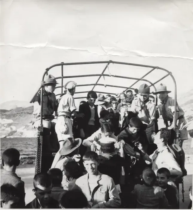 Framed Print : Scouts escorting earthquake victims, Greece Framed Print : Scouts escorting earthquake victims, Greece
