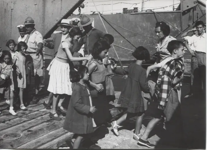 Framed Print : Scouts escorting earthquake victims, Greece Framed Print : Scouts escorting earthquake victims, Greece