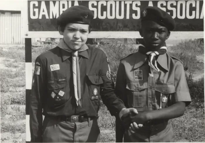 Framed Print : Two scouts outside headquarters, Gambia, West Africa Framed Print : Two scouts outside headquarters, Gambia, West Africa