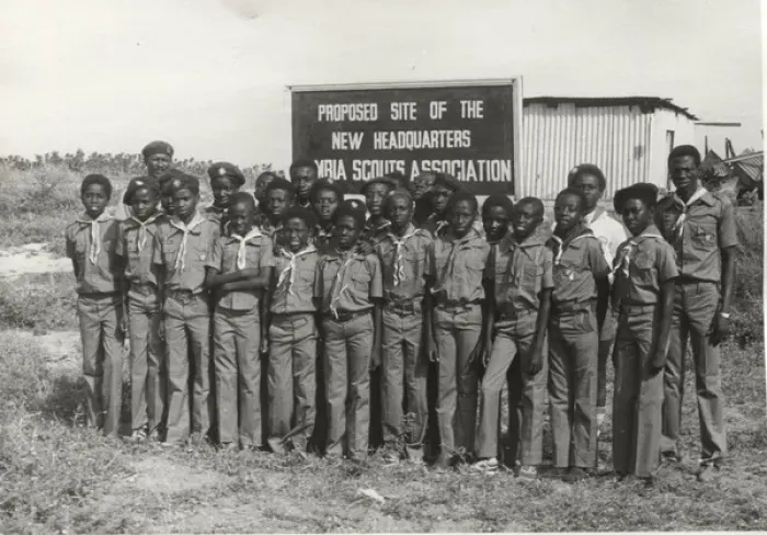 Framed Print : Scouts outside proposed headquarters, Gambia, West Africa Framed Print : Scouts outside proposed headquarters, Gambia, West Africa